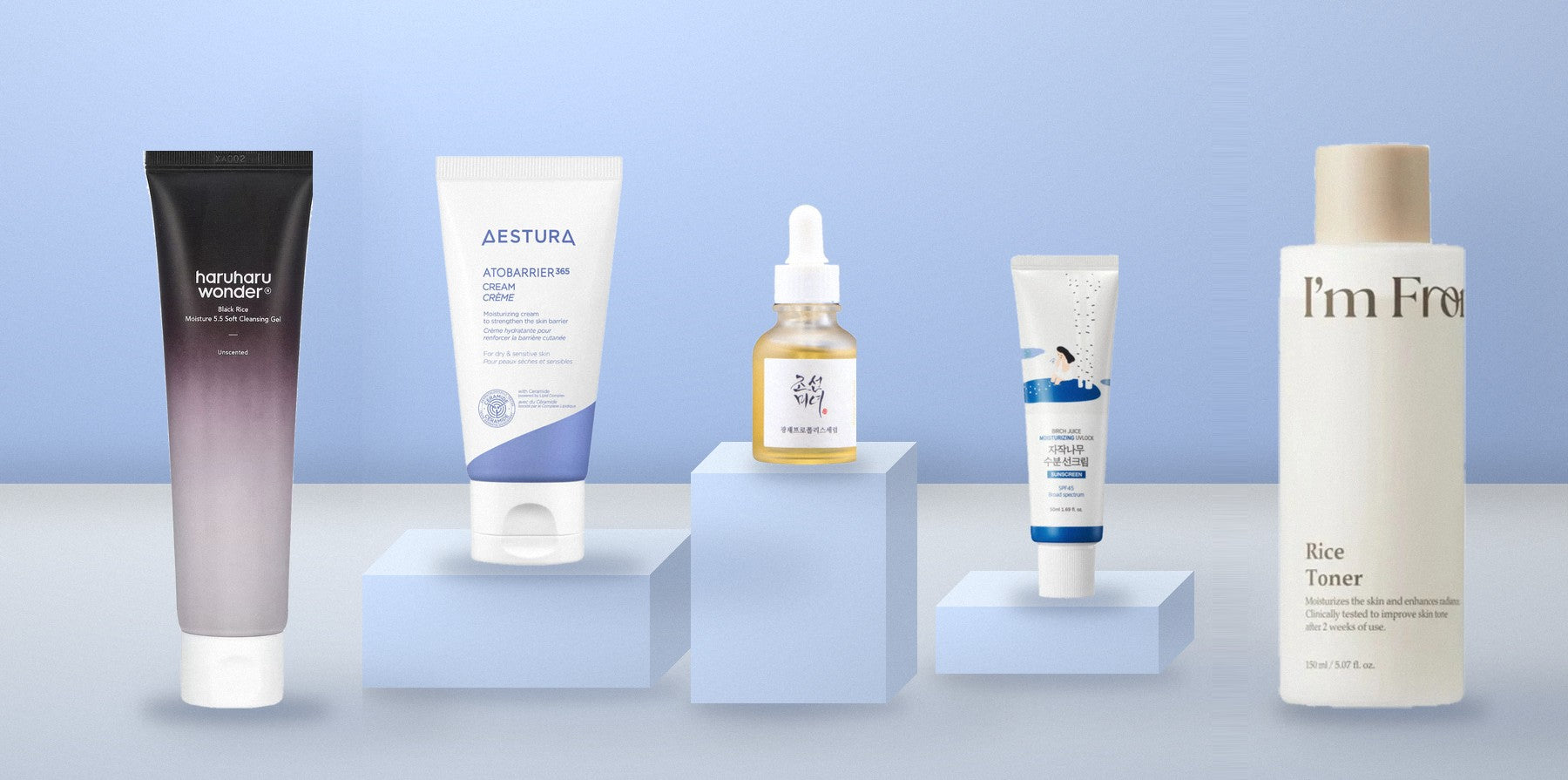 A complete 5-step Korean skincare routine displayed on pedestals