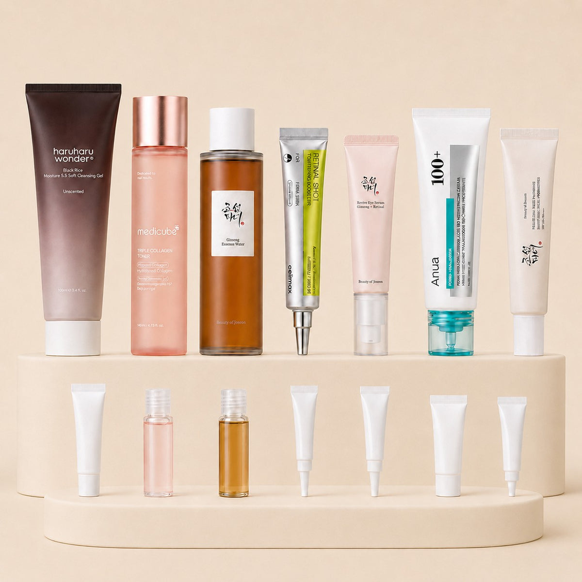 Anti-aging 7-piece Korean skincare routine set with mini sample sizes
