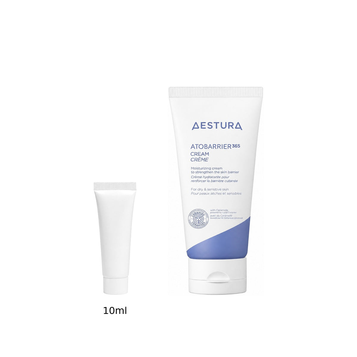 10ml sample tube next to the full-size AESTURA Atobarrier 365 Cream 80ml tube