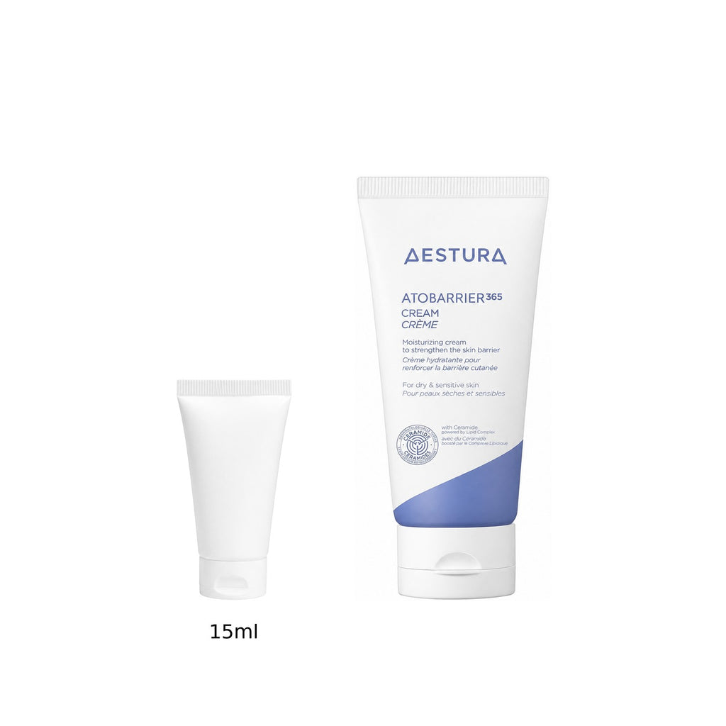 15ml sample tube next to the full-size AESTURA Atobarrier 365 Cream 80ml tube