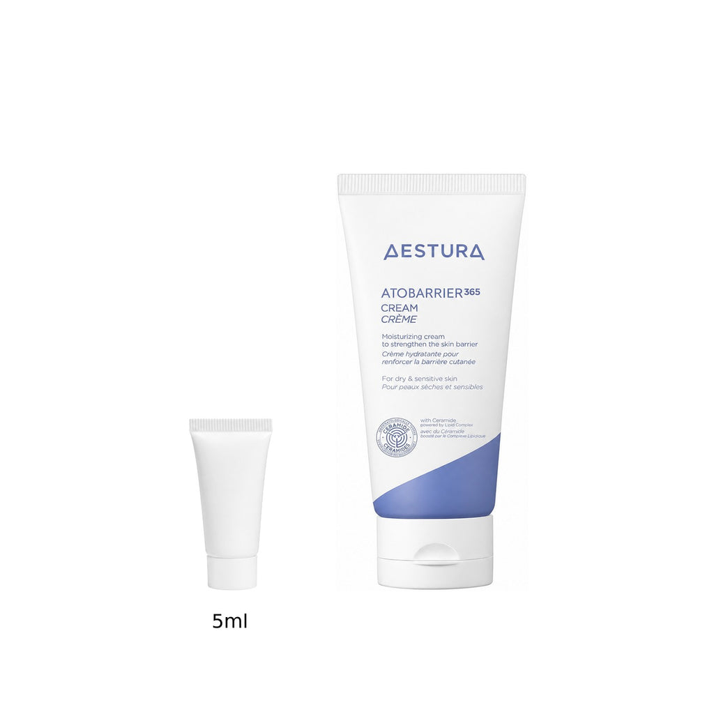 5ml sample tube next to the full-size AESTURA Atobarrier 365 Cream 80ml tube