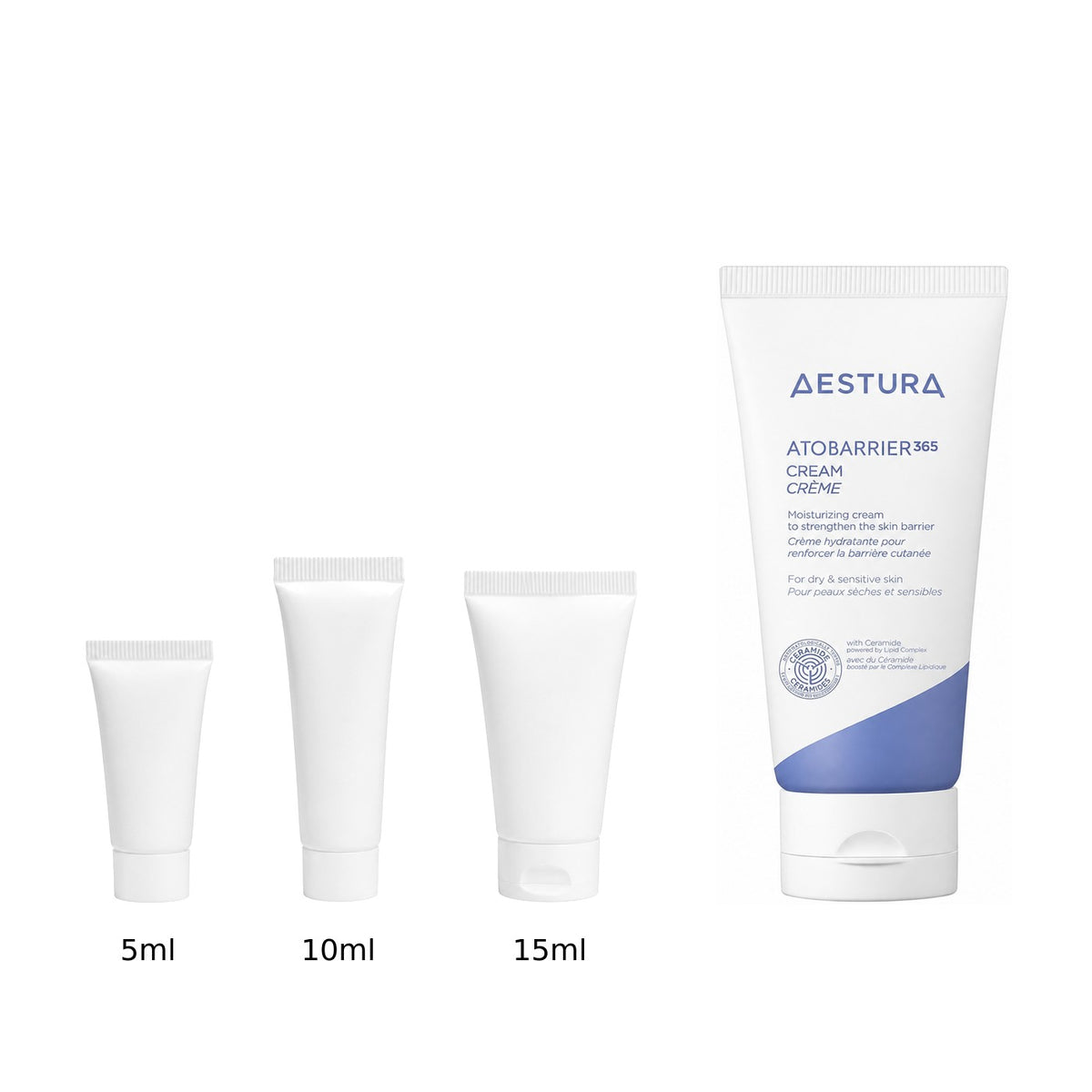5ml, 10ml and 15ml sample tubes next to the full-size AESTURA Atobarrier 365 Cream 80ml tube