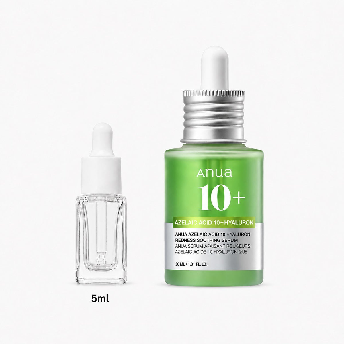 5ml sample dropper next to the full-size Anua Azelaic Acid 10 Hyaluron Redness Soothing Serum 30ml bottle