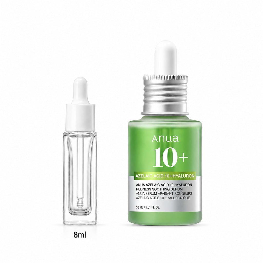 8ml sample dropper next to the full-size Anua Azelaic Acid 10 Hyaluron Redness Soothing Serum 30ml bottle