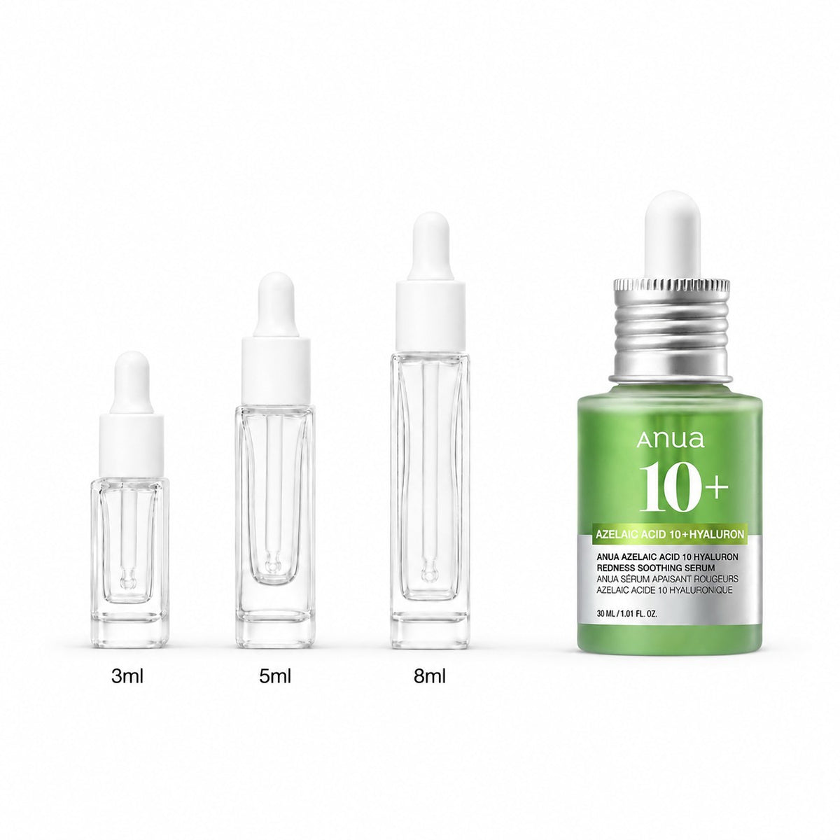 3ml, 5ml and 8ml sample droppers next to the full-size Anua Azelaic Acid 10 Hyaluron Redness Soothing Serum 30ml bottle