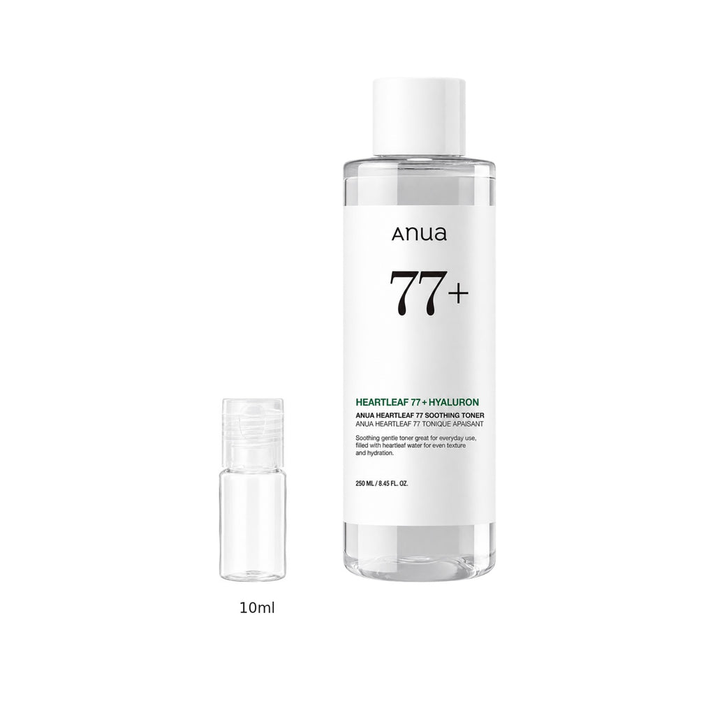 10ml sample bottle next to the full-size Anua Heartleaf 77 Soothing Toner 250ml bottle