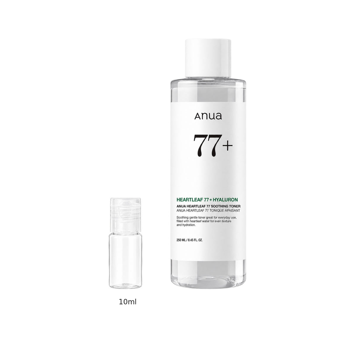 10ml sample bottle next to the full-size Anua Heartleaf 77 Soothing Toner 250ml bottle