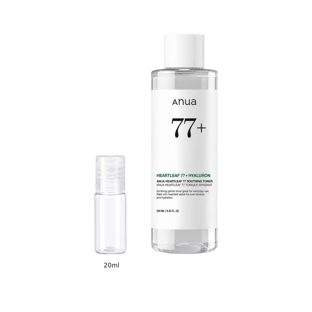 20ml sample bottle next to the full-size Anua Heartleaf 77 Soothing Toner 250ml bottle