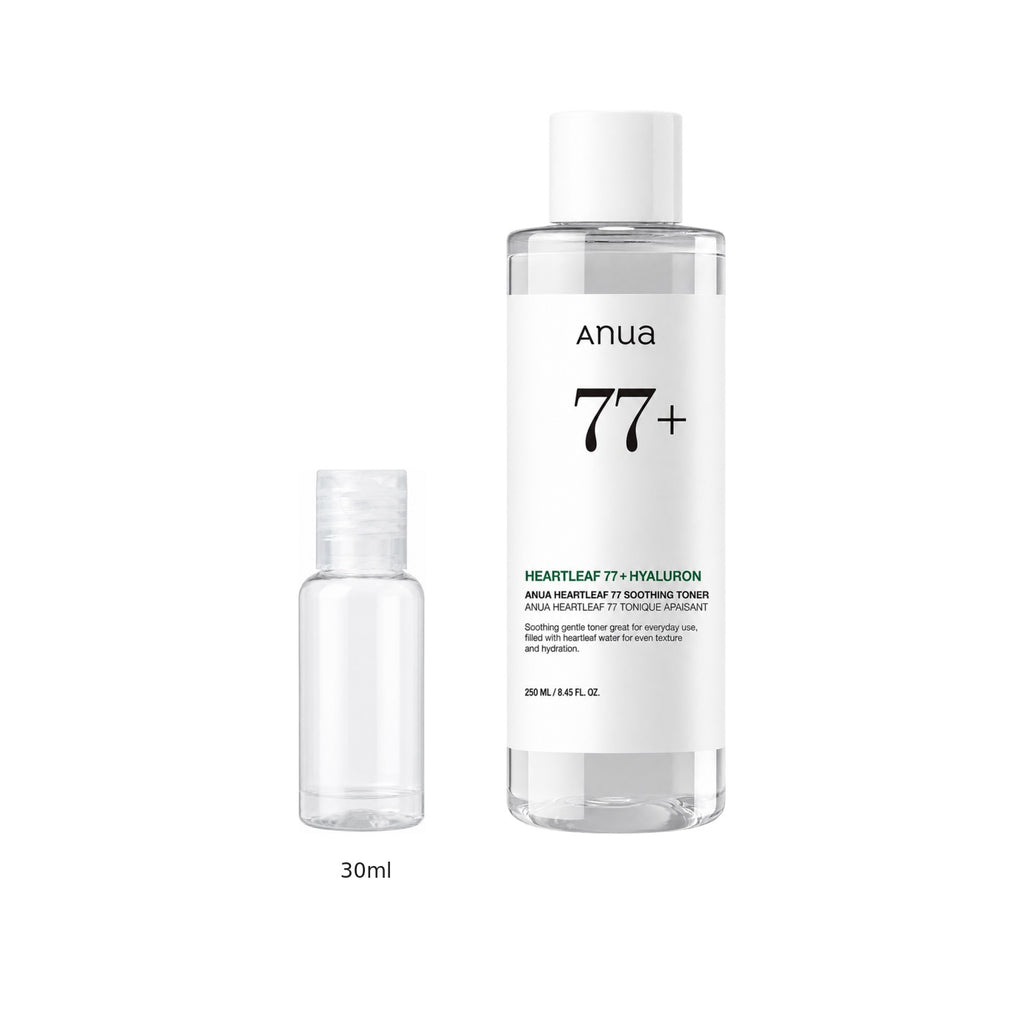 30ml sample bottle next to the full-size Anua Heartleaf 77 Soothing Toner 250ml bottle