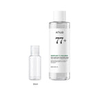 30ml sample bottle next to the full-size Anua Heartleaf 77 Soothing Toner 250ml bottle
