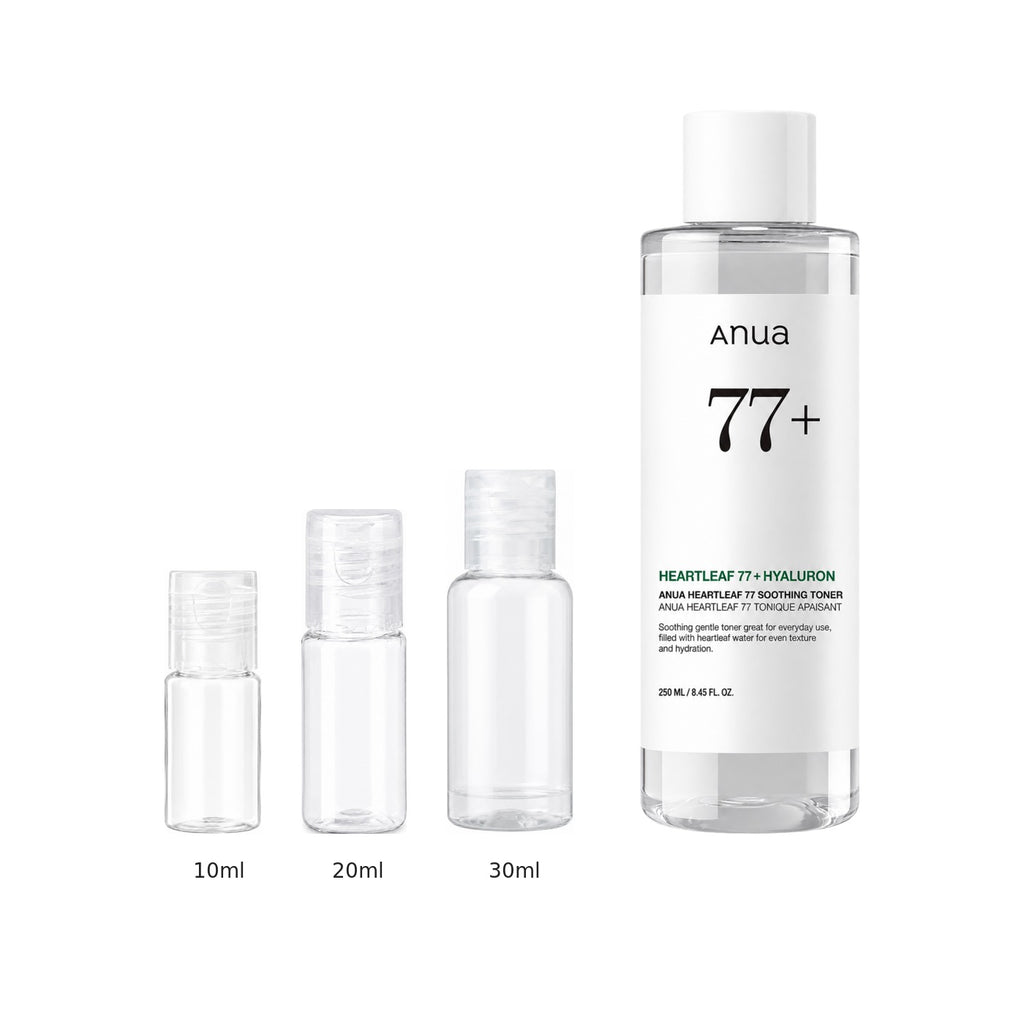 10ml, 20ml and 30ml sample bottles next to the full-size Anua Heartleaf 77 Soothing Toner 250ml bottle