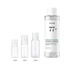 10ml, 20ml and 30ml sample bottles next to the full-size Anua Heartleaf 77 Soothing Toner 250ml bottle