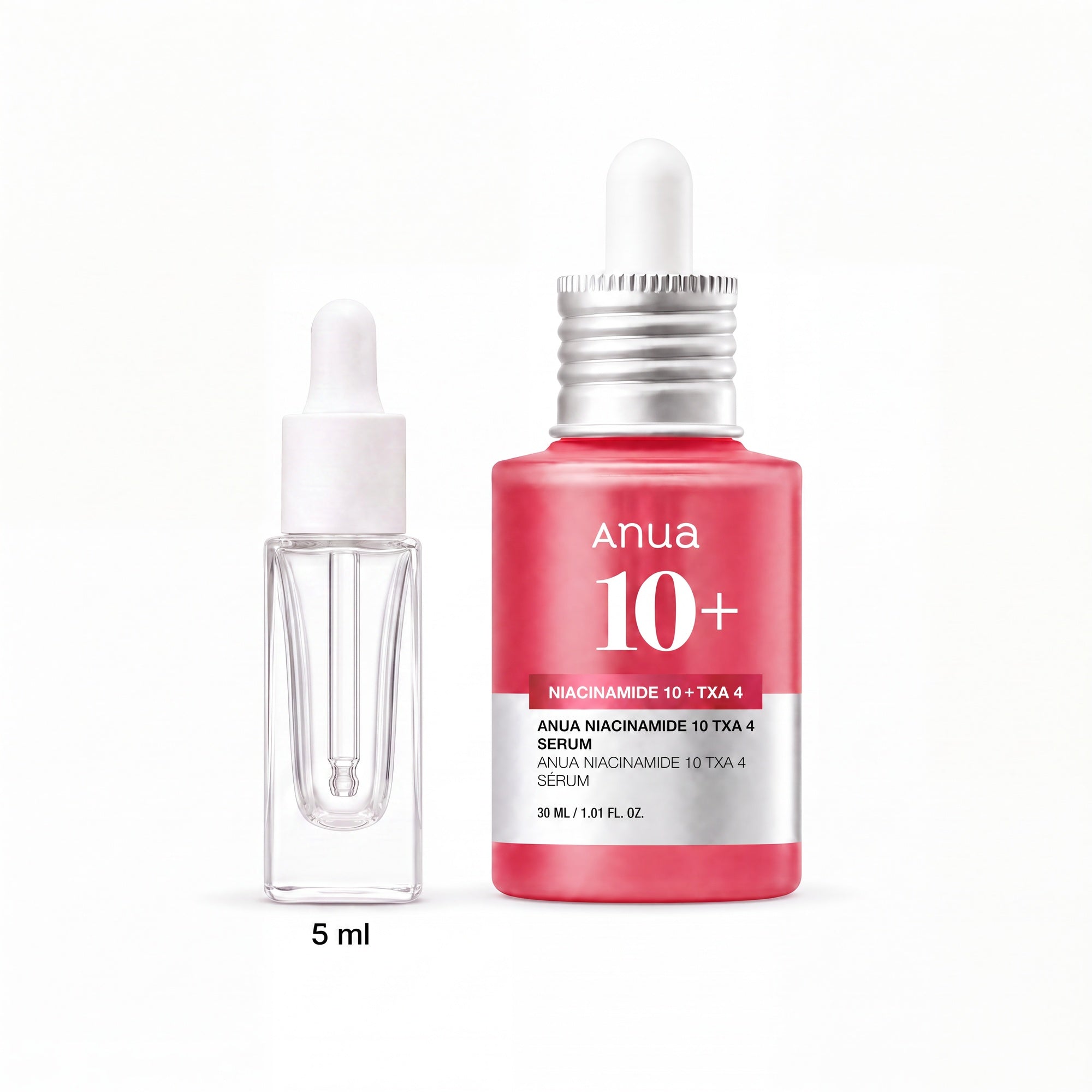 5ml sample dropper next to the full-size Anua Niacinamide 10 TXA 4 Serum 30ml bottle