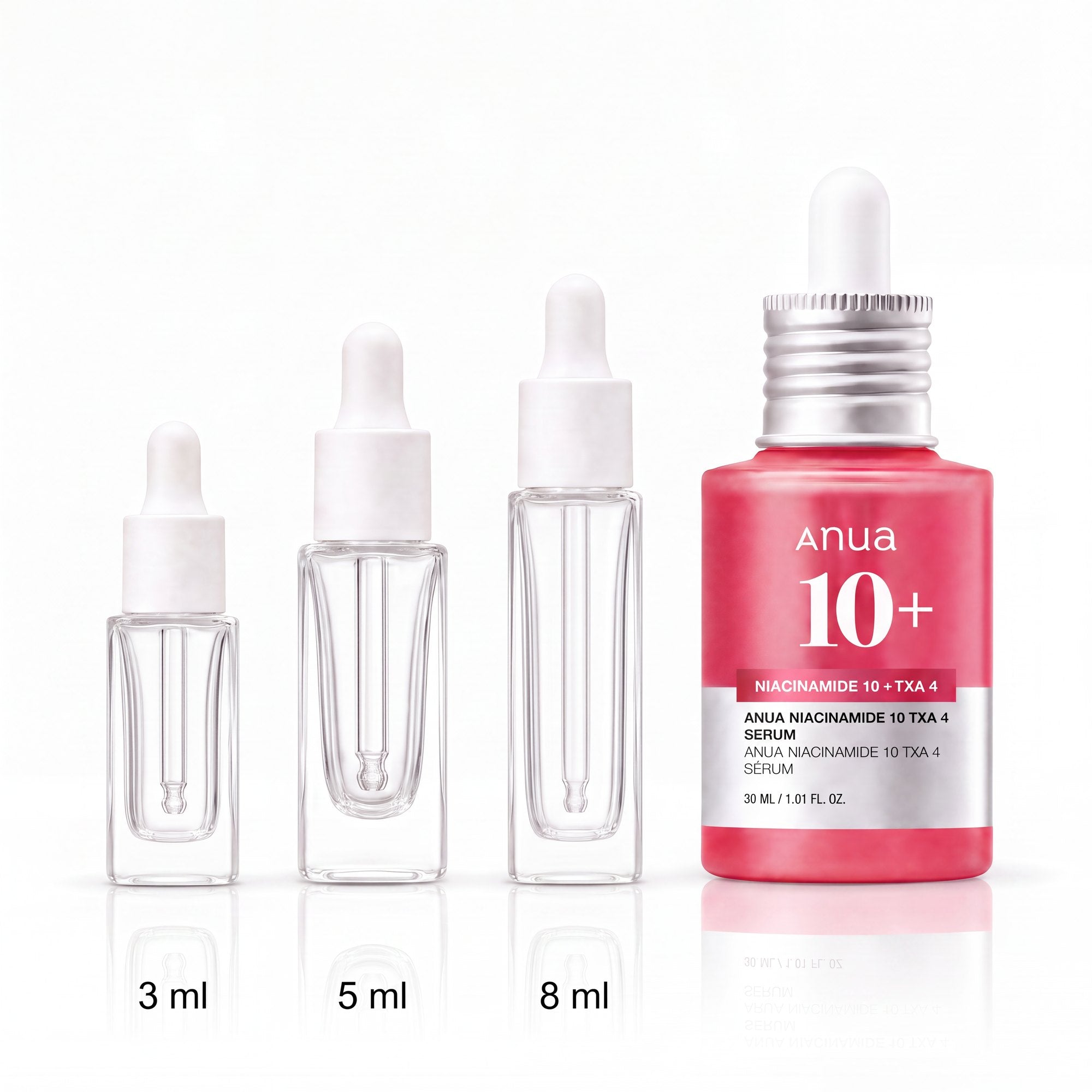 3ml, 5ml and 8ml sample droppers next to the full-size Anua Niacinamide 10 TXA 4 Serum 30ml bottle