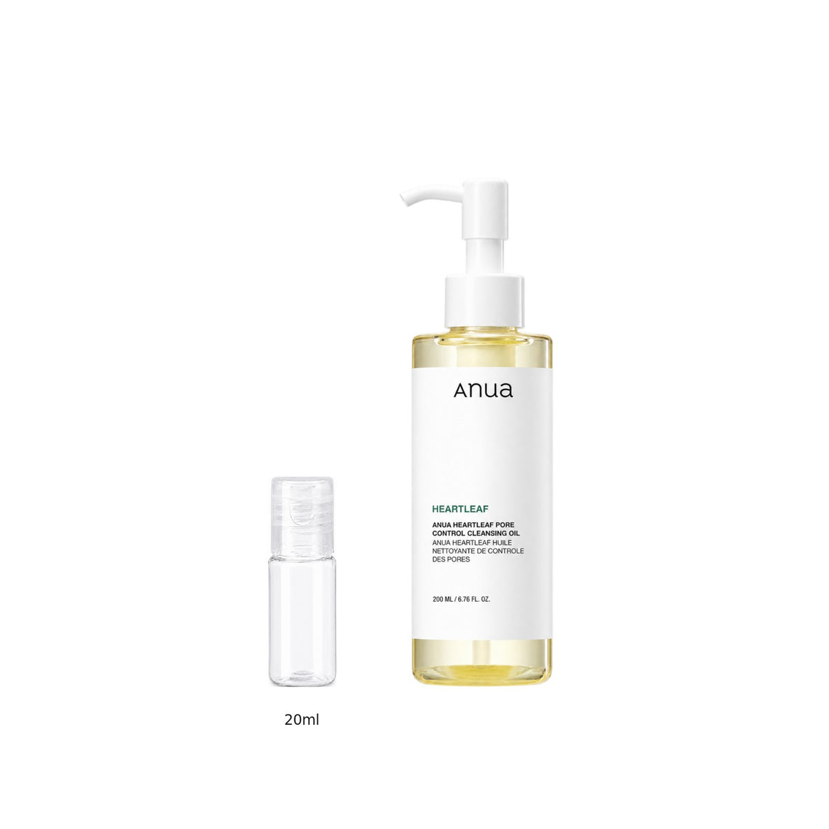 20ml sample bottle next to the full-size Anua Heartleaf Pore Control Cleansing Oil 200ml bottle