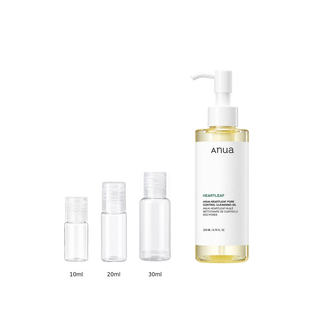 10ml, 20ml and 30ml sample bottles next to the full-size Anua Heartleaf Pore Control Cleansing Oil 200ml bottle