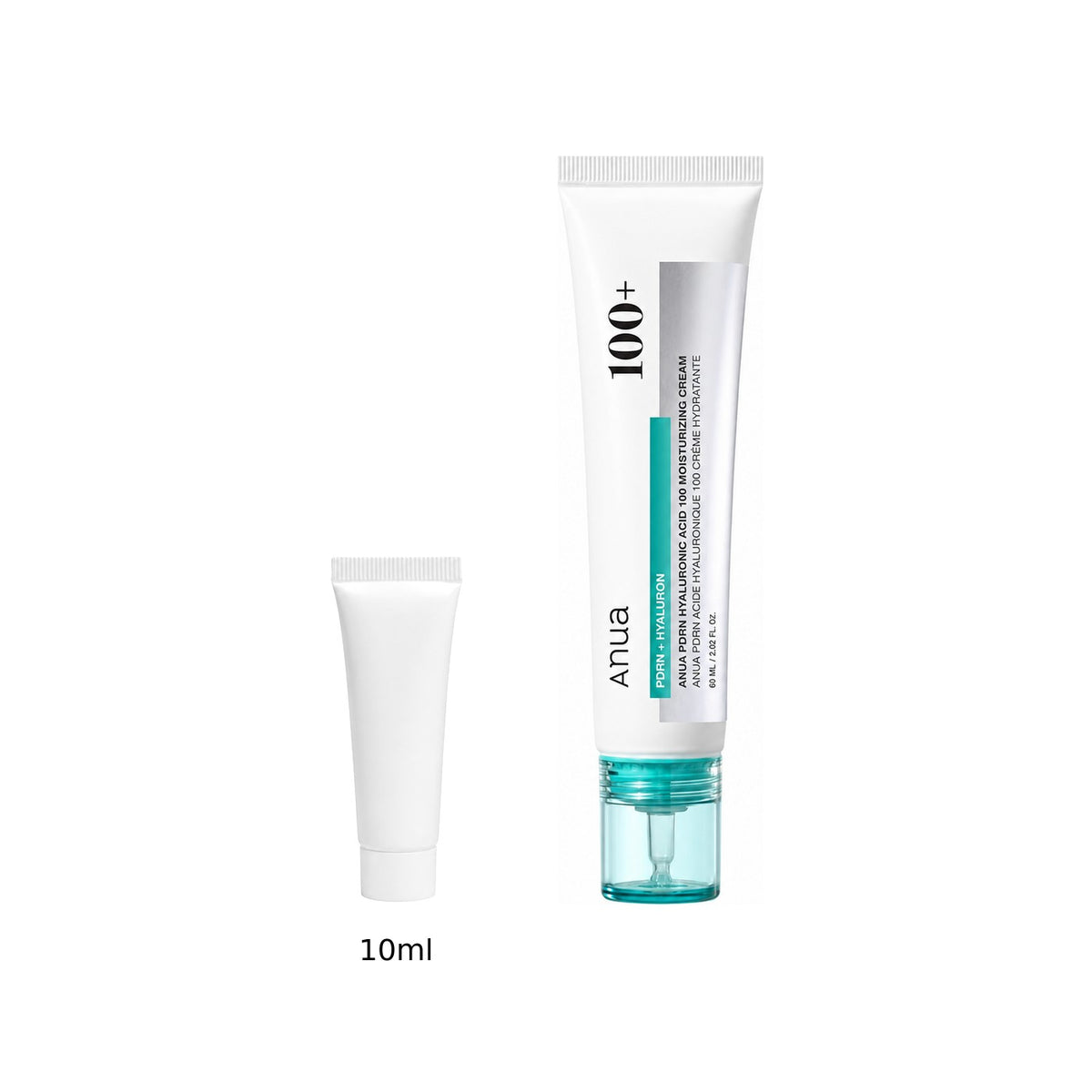 10ml sample tube next to the full-size Anua PDRN Hyaluronic Acid 100 Moisturizing Cream 60ml tube