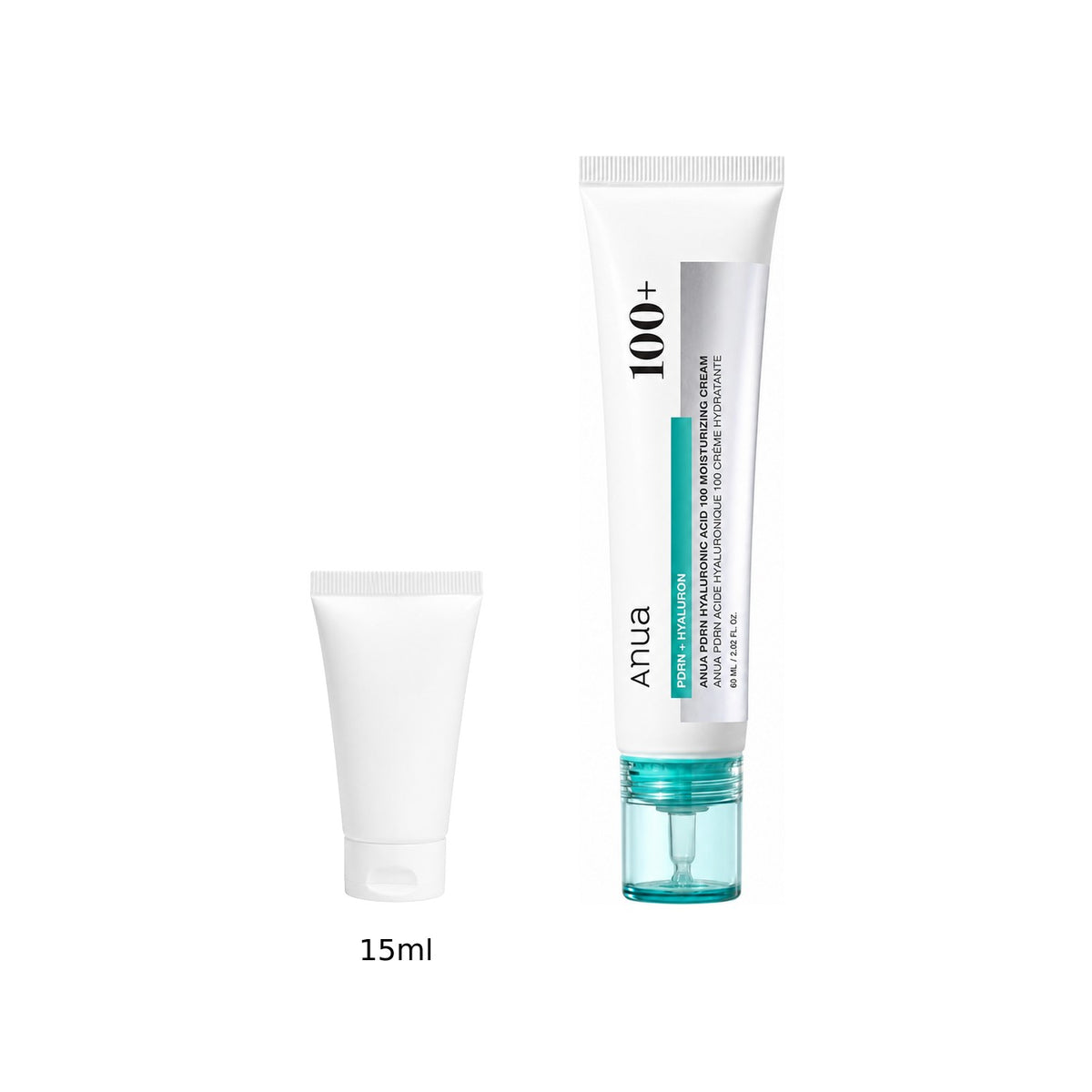 15ml sample tube next to the full-size Anua PDRN Hyaluronic Acid 100 Moisturizing Cream 60ml tube