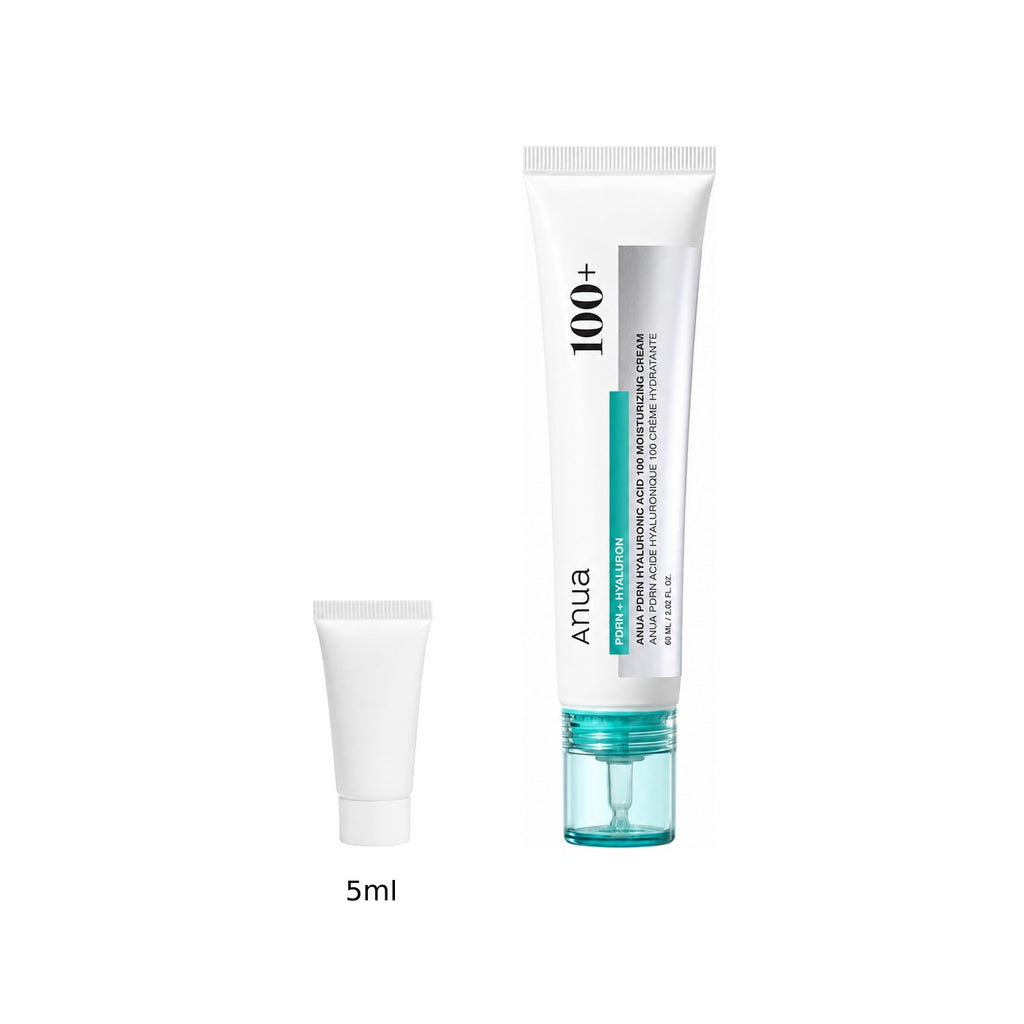 5ml sample tube next to the full-size Anua PDRN Hyaluronic Acid 100 Moisturizing Cream 60ml tube