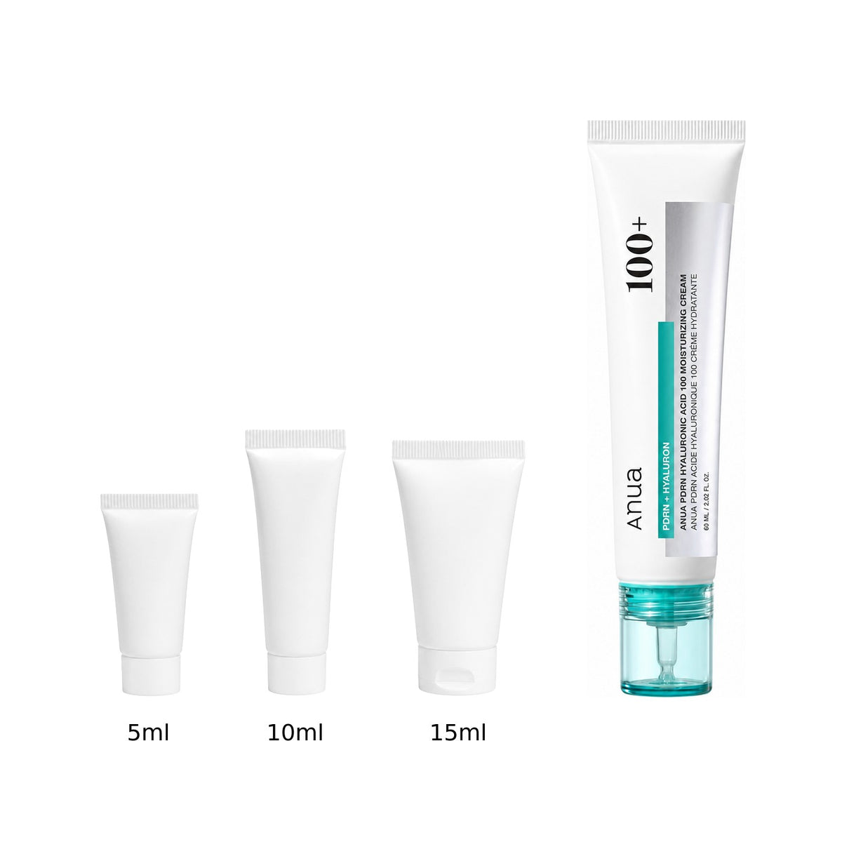 5ml, 10ml and 15ml sample tubes next to the full-size Anua PDRN Hyaluronic Acid 100 Moisturizing Cream 60ml tube
