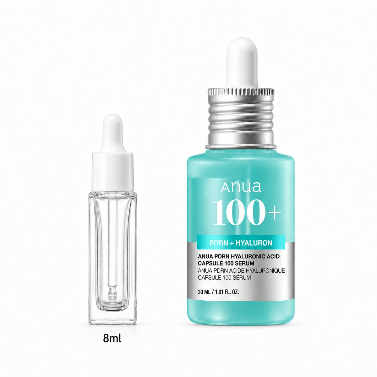 8ml sample dropper next to the full-size Anua PDRN Hyaluronic Acid Capsule 100 Serum 30ml bottle