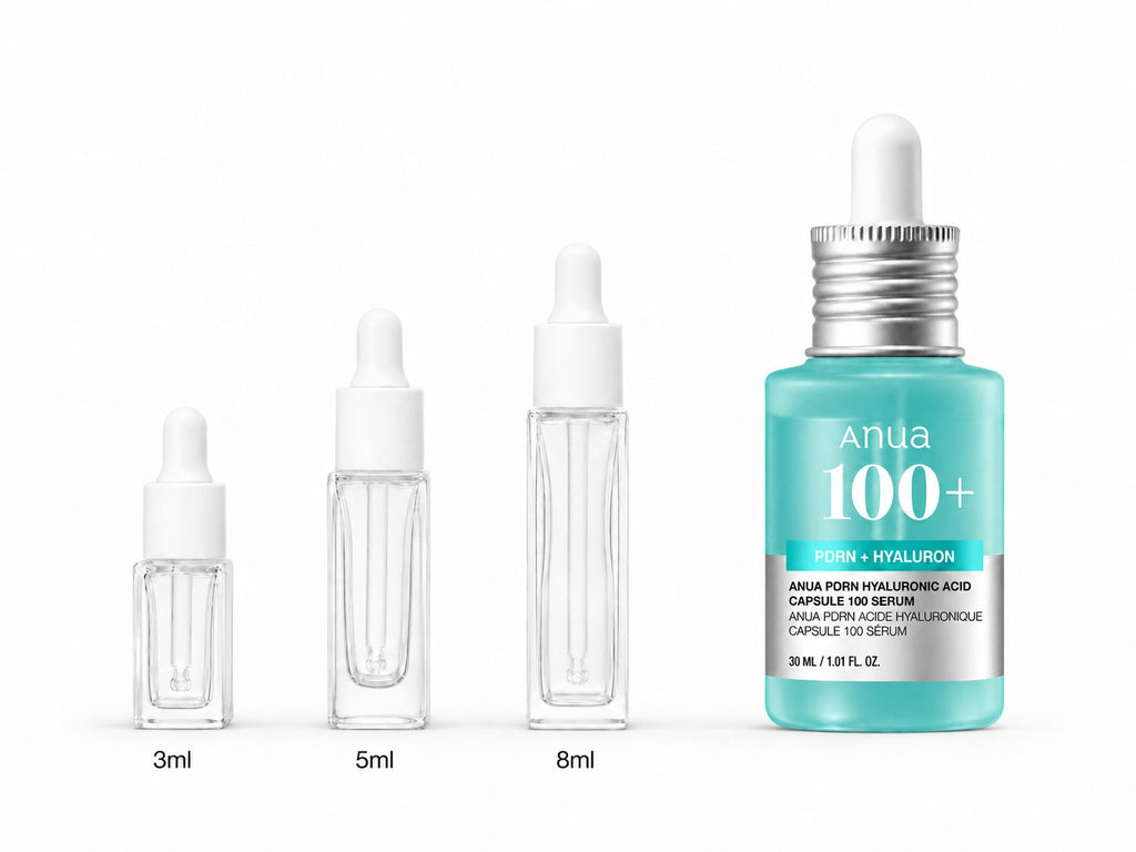 3ml, 5ml and 8ml sample droppers next to the full-size Anua PDRN Hyaluronic Acid Capsule 100 Serum 30ml bottle