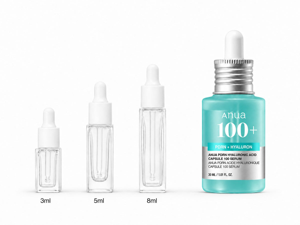 3ml, 5ml and 8ml sample droppers next to the full-size Anua PDRN Hyaluronic Acid Capsule 100 Serum 30ml bottle
