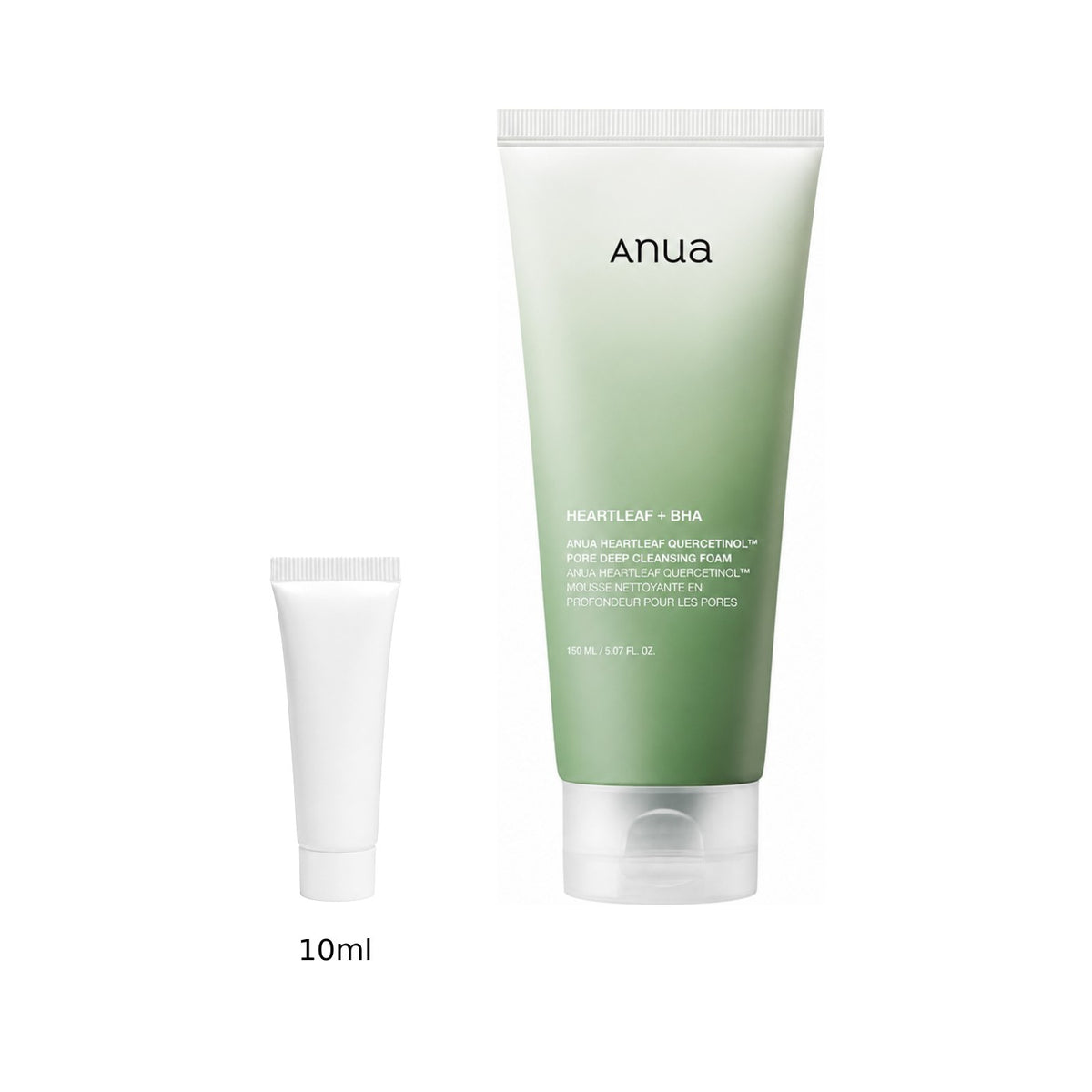 10ml sample tube next to the full-size Anua Heartleaf Quercetinol Pore Deep Cleansing Foam 150ml tube