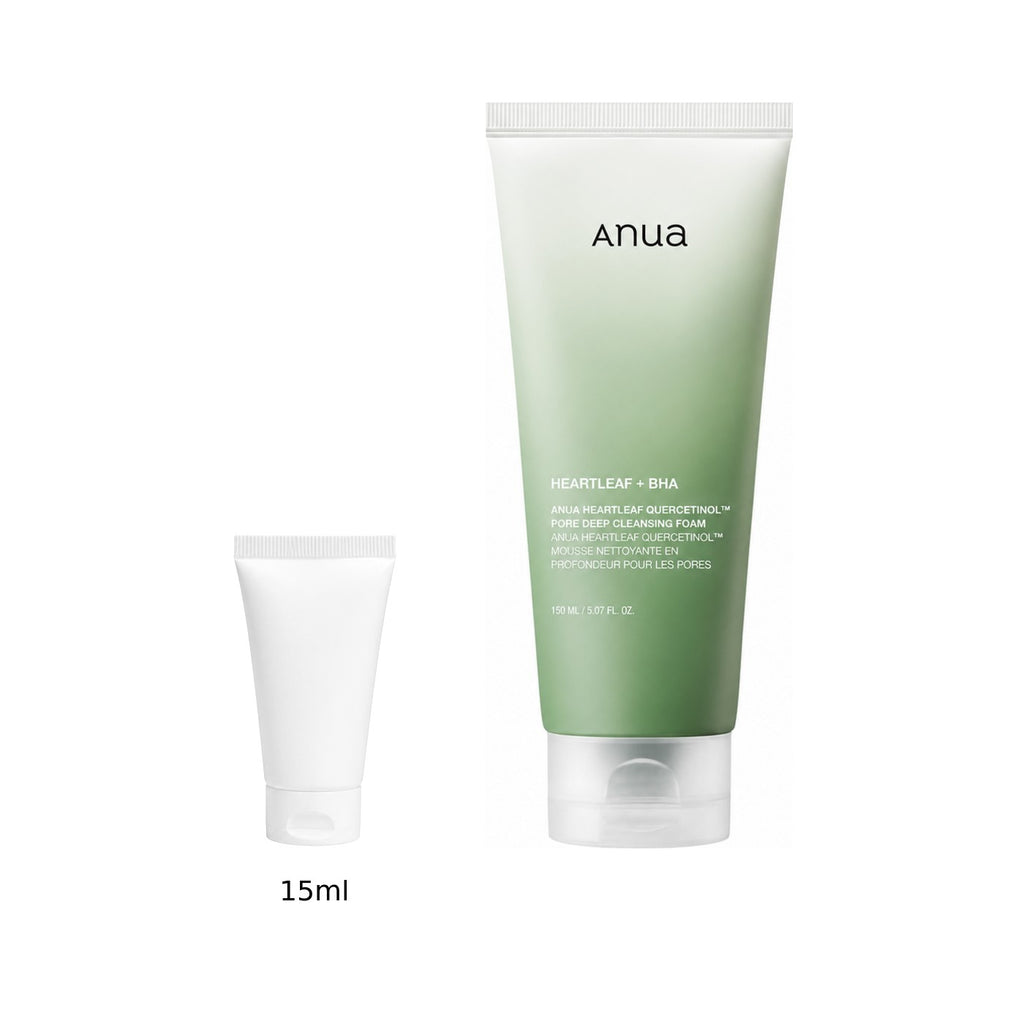 15ml sample tube next to the full-size Anua Heartleaf Quercetinol Pore Deep Cleansing Foam 150ml tube
