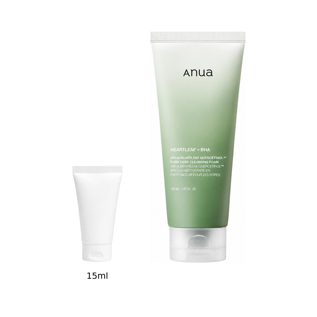 15ml sample tube next to the full-size Anua Heartleaf Quercetinol Pore Deep Cleansing Foam 150ml tube