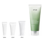 10ml, 15ml and 20ml sample tubes next to the full-size Anua Heartleaf Quercetinol Pore Deep Cleansing Foam 150ml tube