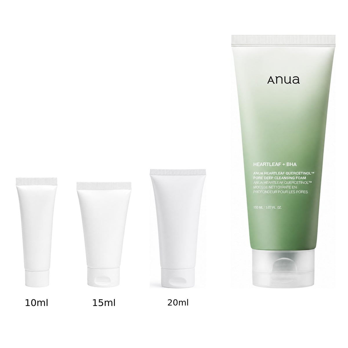 10ml, 15ml and 20ml sample tubes next to the full-size Anua Heartleaf Quercetinol Pore Deep Cleansing Foam 150ml tube