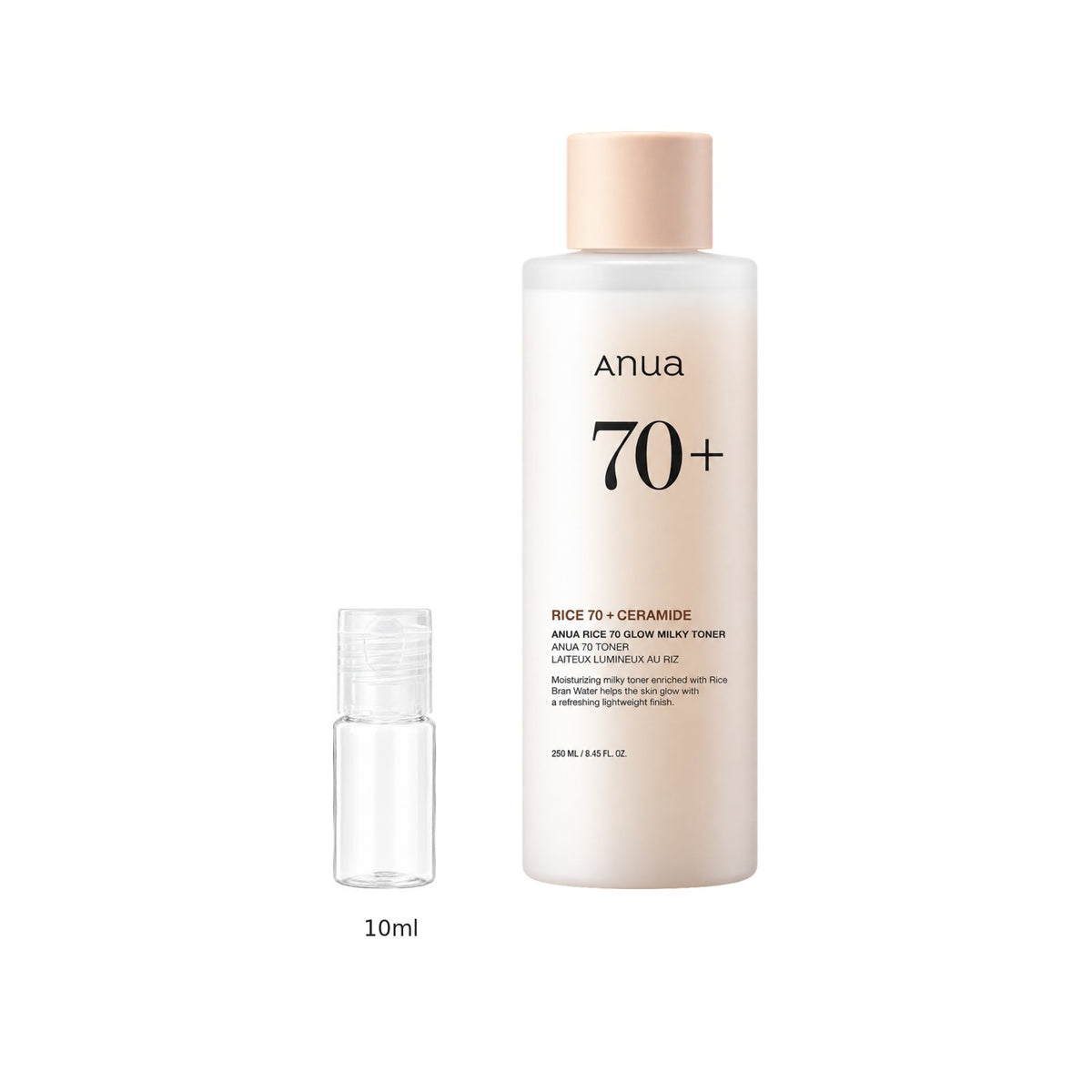 10ml sample bottle next to the full-size Anua Rice 70 Glow Milky Toner 250ml bottle