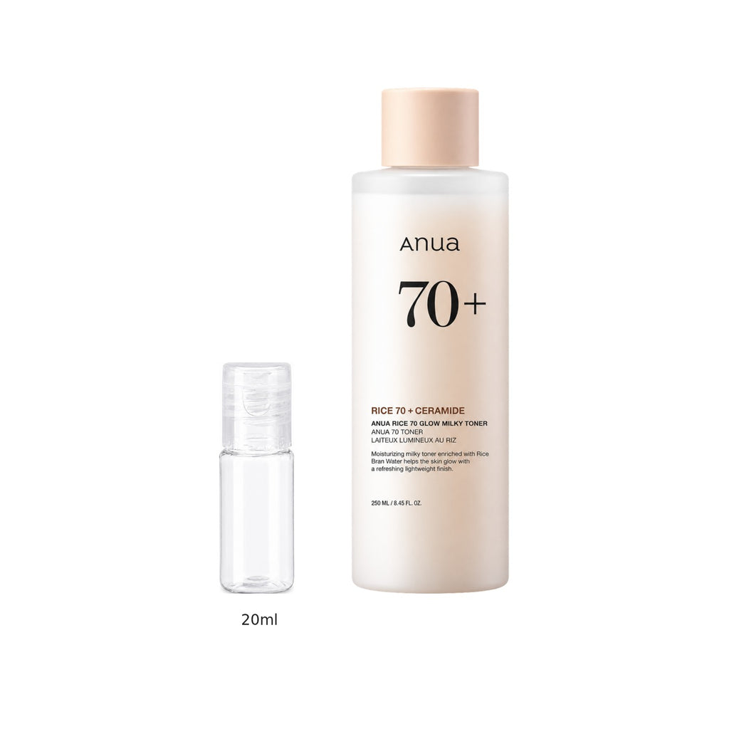 20ml sample bottle next to the full-size Anua Rice 70 Glow Milky Toner 250ml bottle