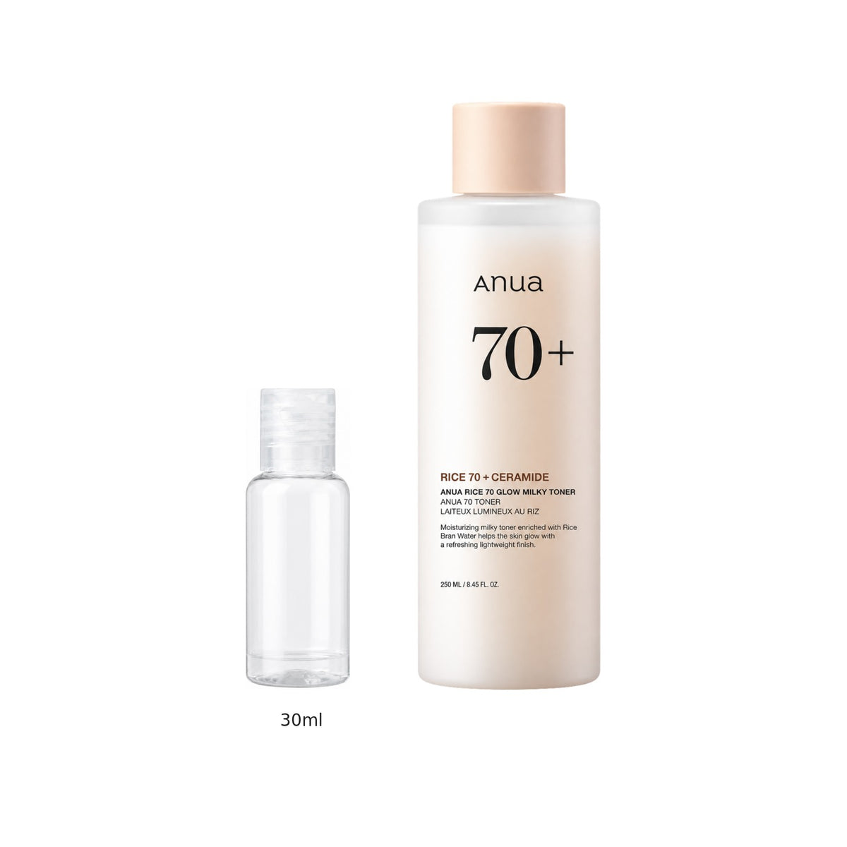 30ml sample bottle next to the full-size Anua Rice 70 Glow Milky Toner 250ml bottle