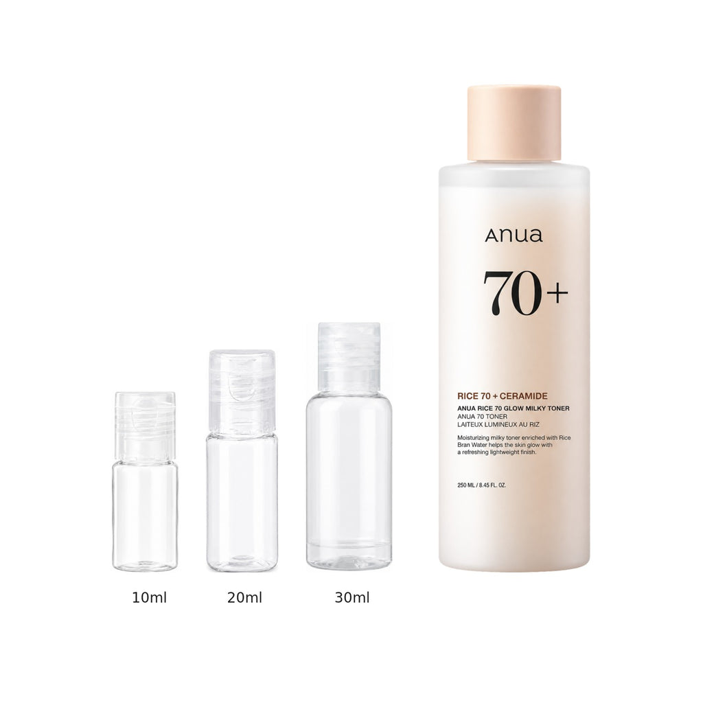 10ml, 20ml and 30ml sample bottles next to the full-size Anua Rice 70 Glow Milky Toner 250ml bottle