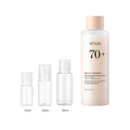 10ml, 20ml and 30ml sample bottles next to the full-size Anua Rice 70 Glow Milky Toner 250ml bottle