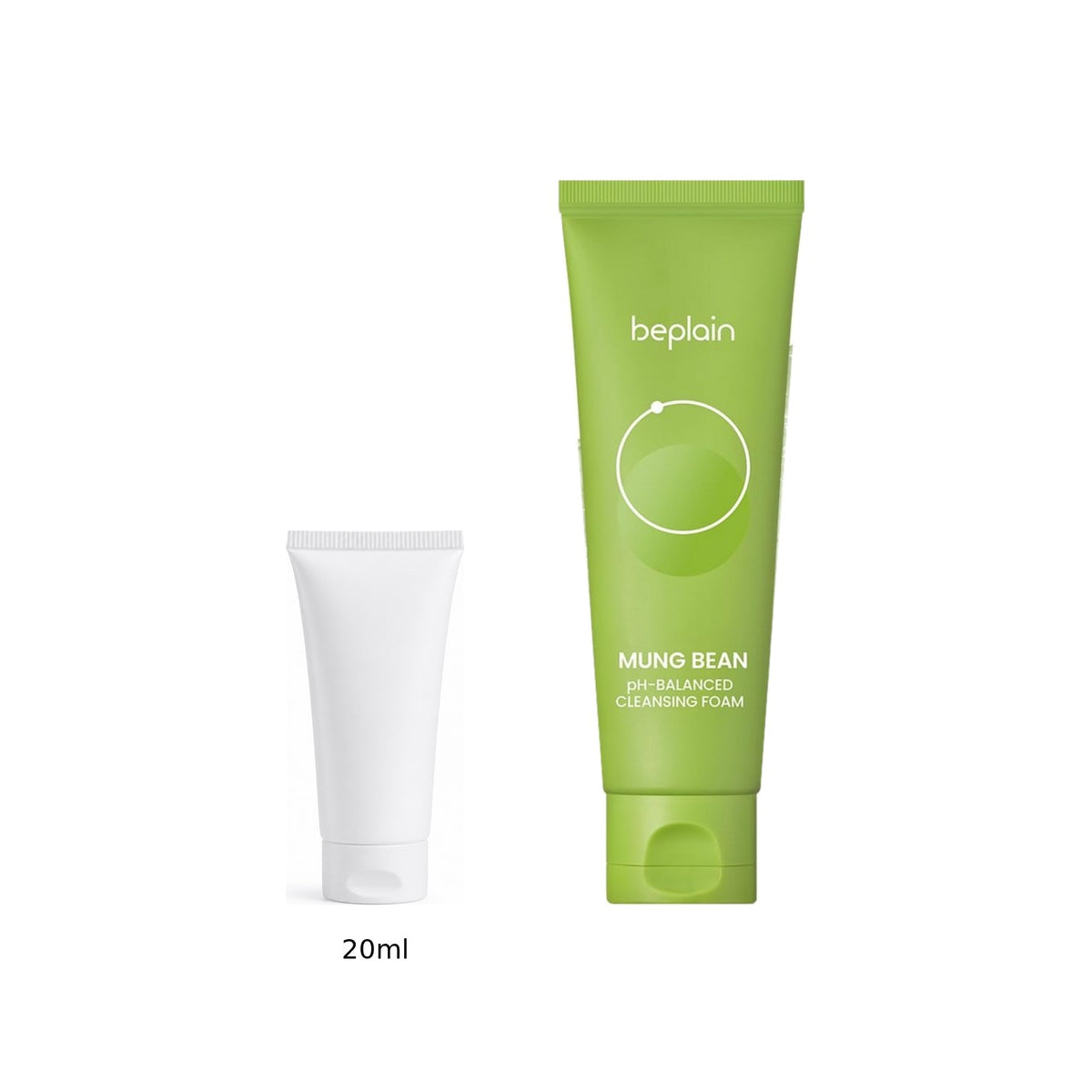 20ml sample tube next to the full-size beplain Mung Bean pH-Balanced Cleansing Foam 80ml tube