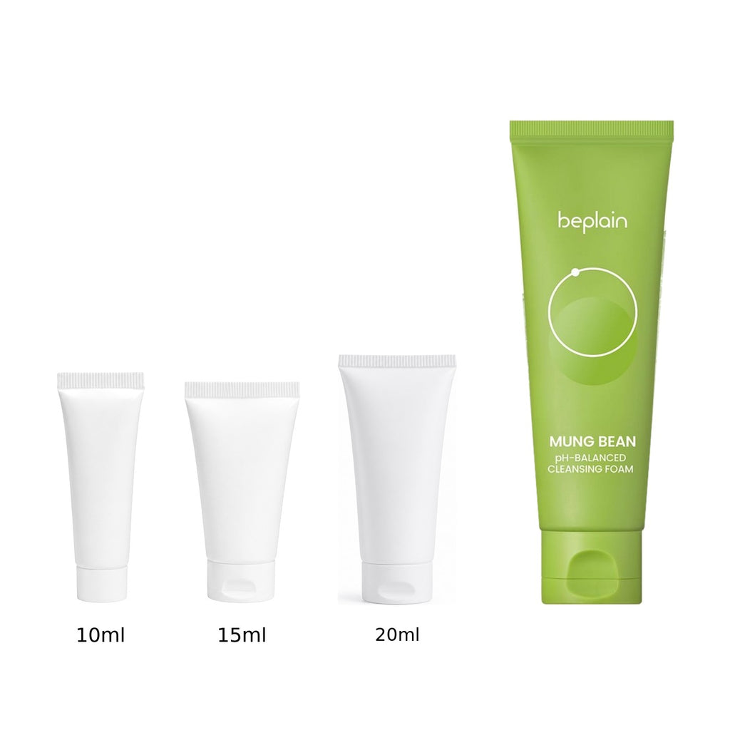 10ml, 15ml and 20ml sample tubes next to the full-size beplain Mung Bean pH-Balanced Cleansing Foam 80ml tube