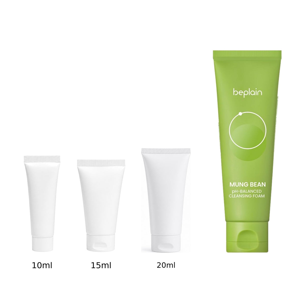 10ml, 15ml and 20ml sample tubes next to the full-size beplain Mung Bean pH-Balanced Cleansing Foam 80ml tube