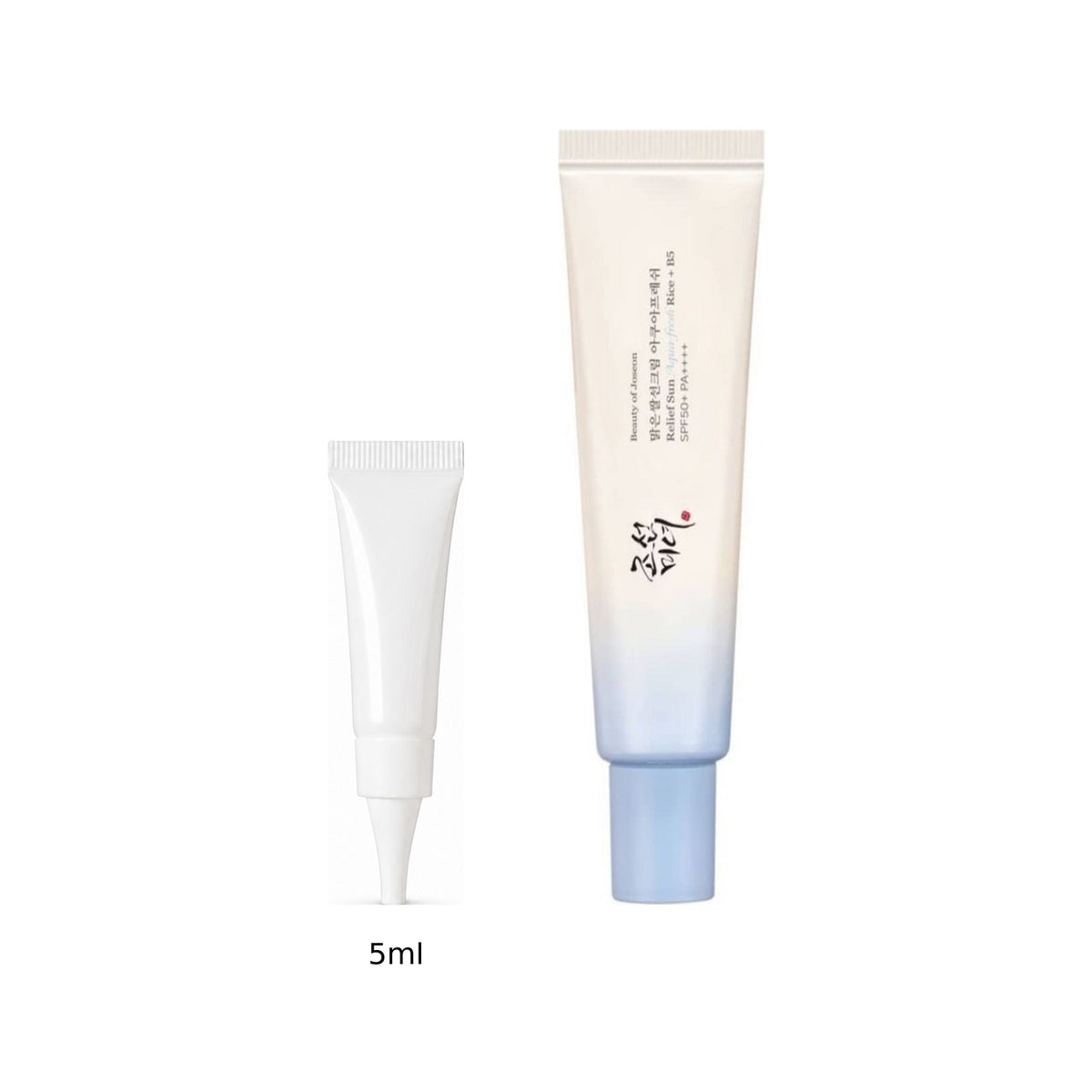 5ml sample tube next to the full-size Beauty of Joseon Relief Sun Aqua-fresh 50ml tube