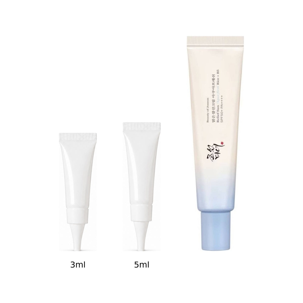 3ml and 5ml sample tubes next to the full-size Beauty of Joseon Relief Sun Aqua-fresh 50ml tube