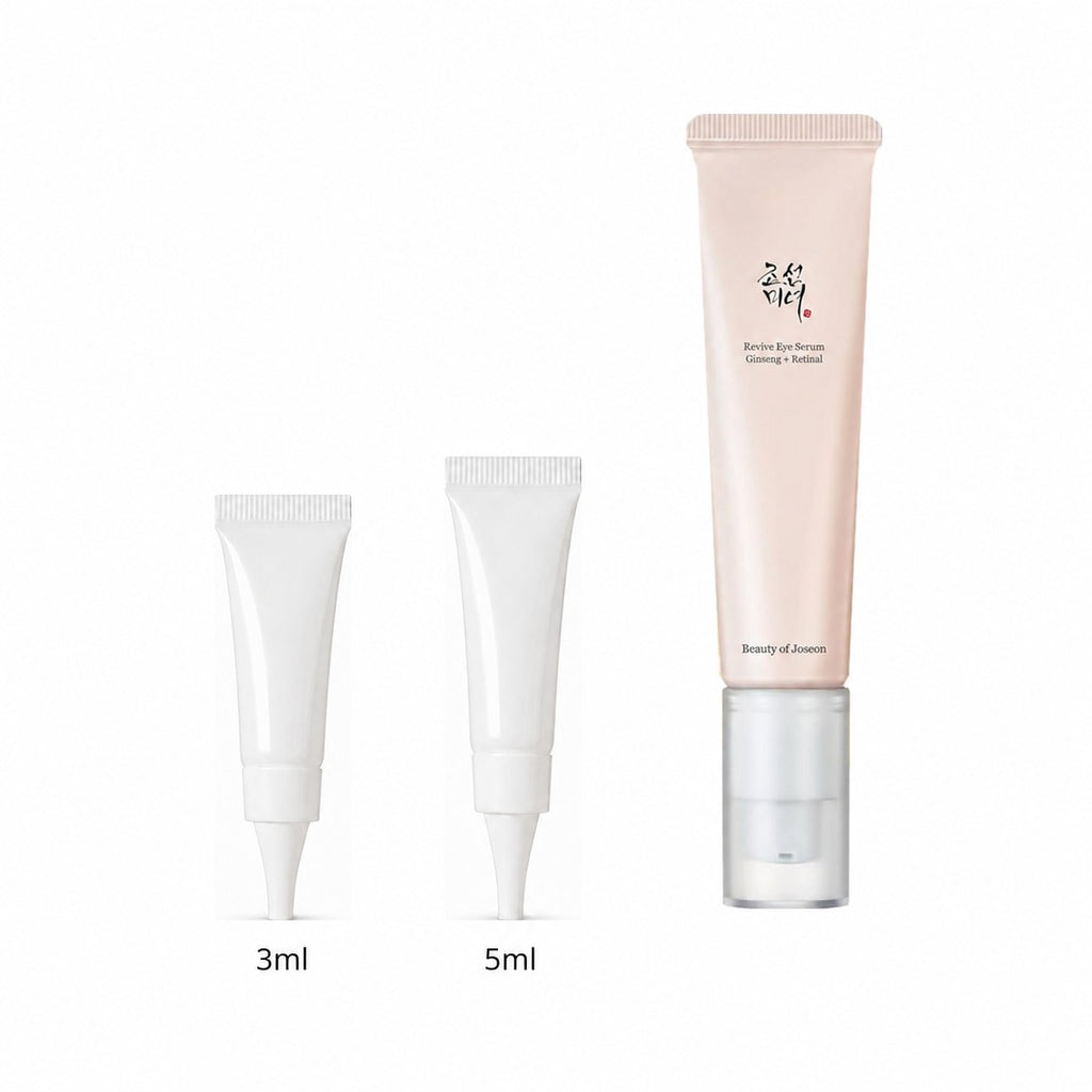 3ml and 5ml sample tubes next to the full-size Beauty of Joseon Revive Eye Serum 30ml tube