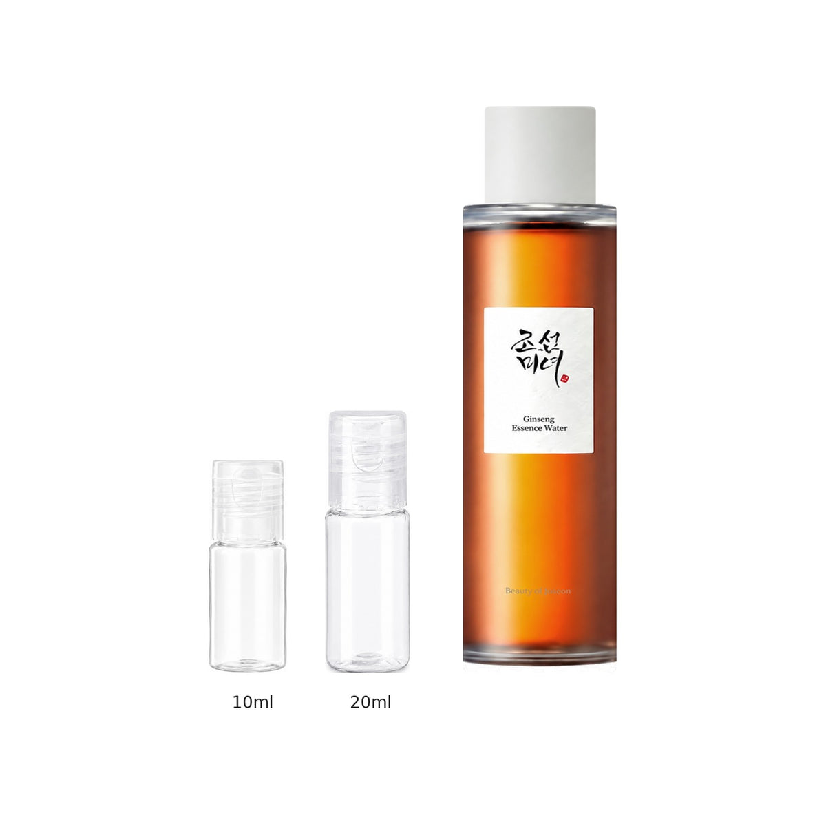 10ml and 20ml sample bottles next to the full-size Beauty of Joseon Ginseng Essence Water 150ml bottle