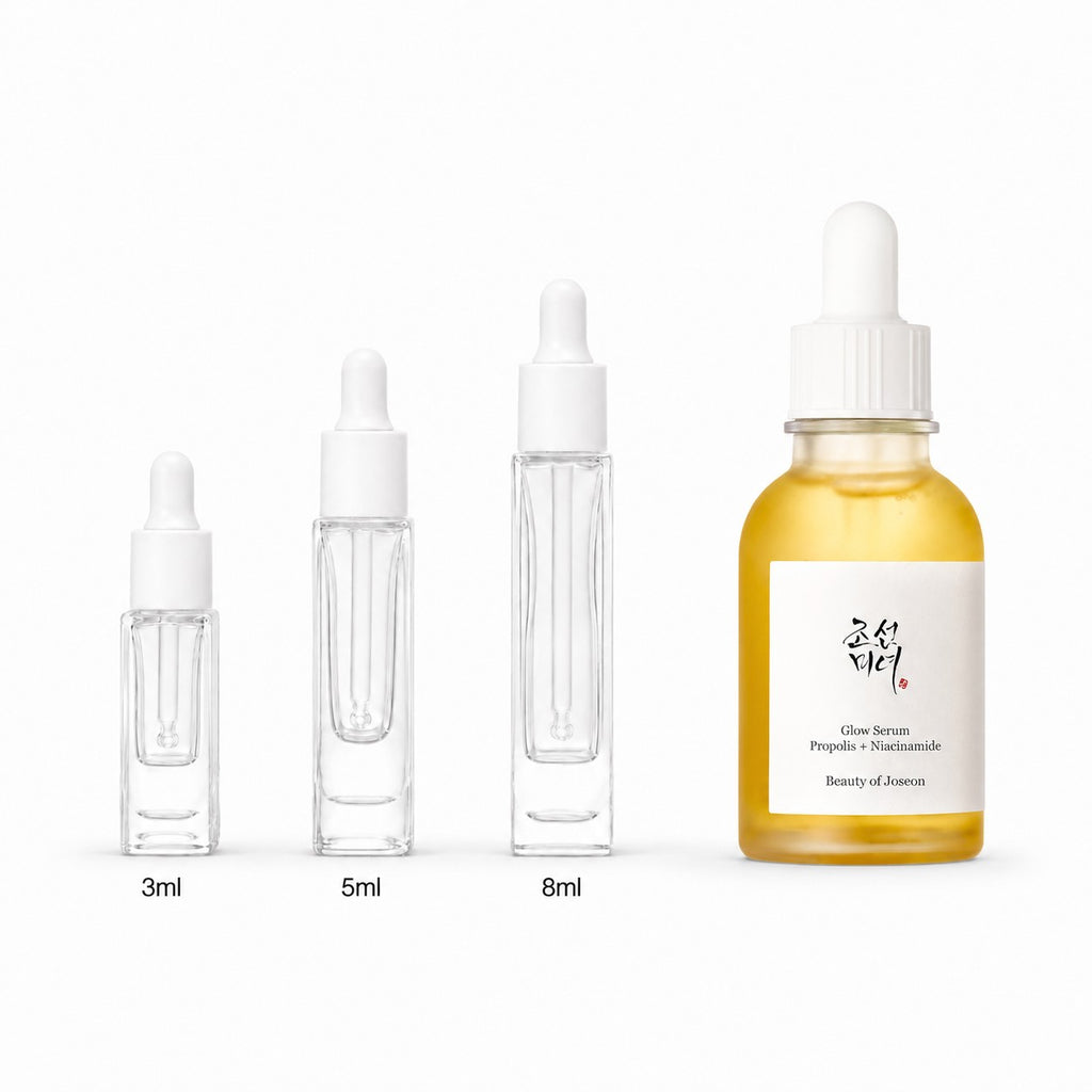 3ml, 5ml and 8ml sample droppers next to the full-size Beauty of Joseon Glow Serum 60ml bottle