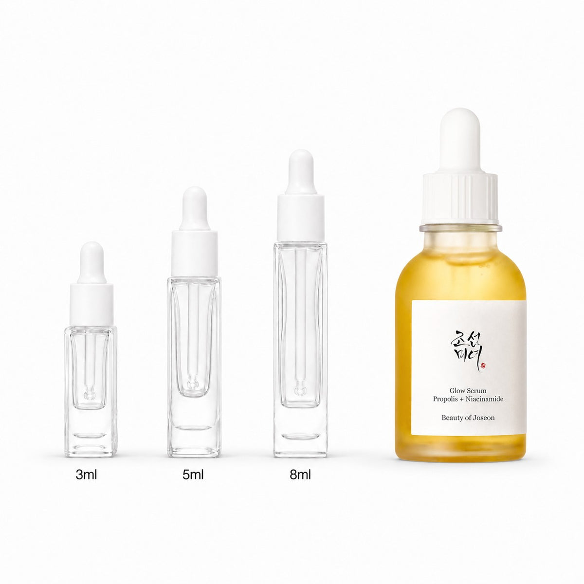 3ml, 5ml and 8ml sample droppers next to the full-size Beauty of Joseon Glow Serum 60ml bottle