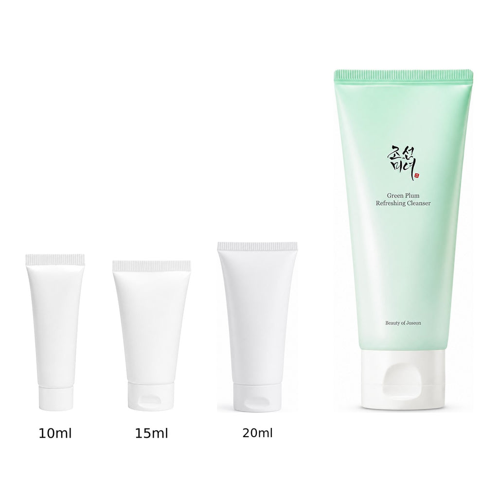 10ml, 15ml and 20ml sample tubes next to the full-size Beauty of Joseon Green Plum Refreshing Cleanser 100ml tube