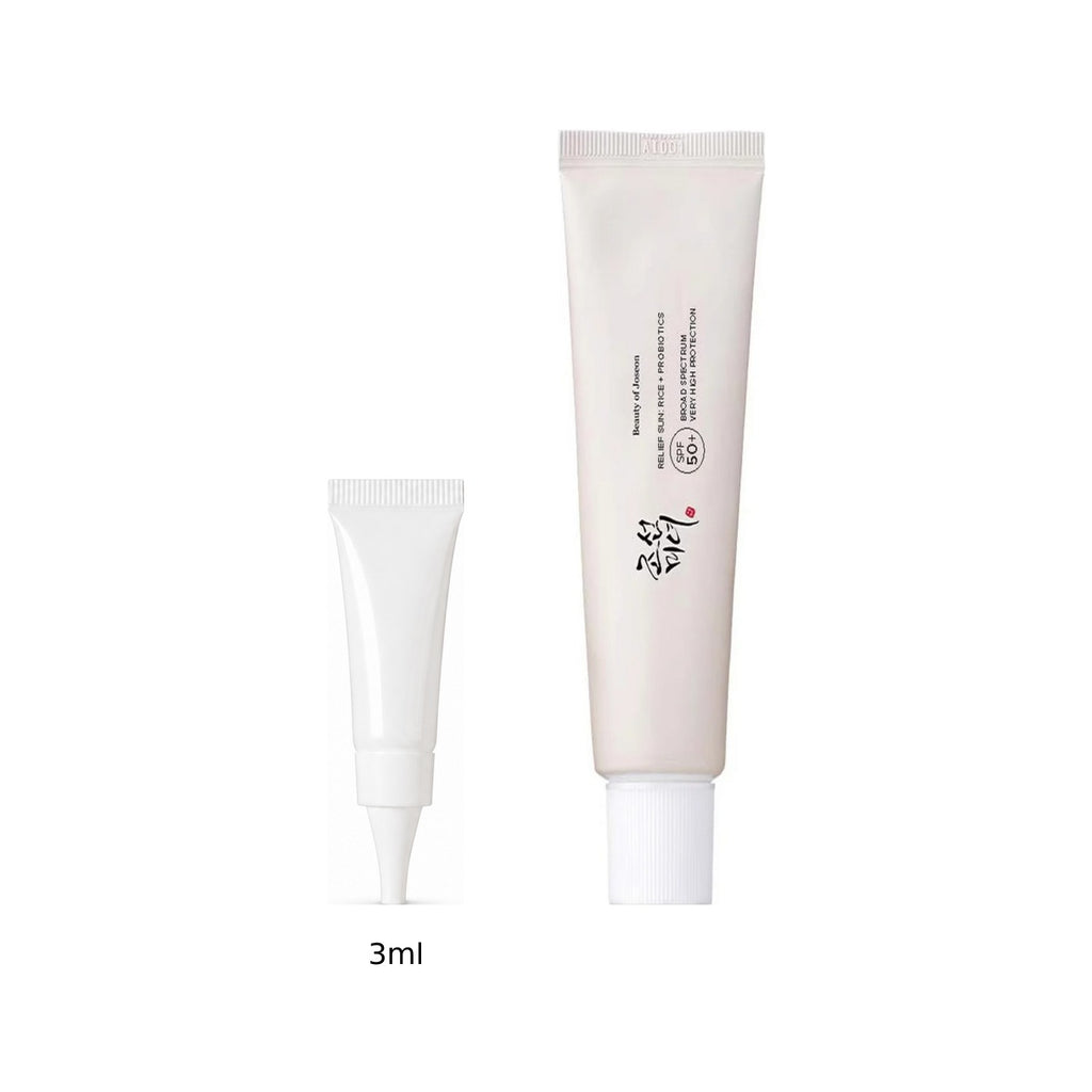 3ml sample tube next to the full-size Beauty of Joseon Relief Sun: Rice + Probiotics 50ml tube