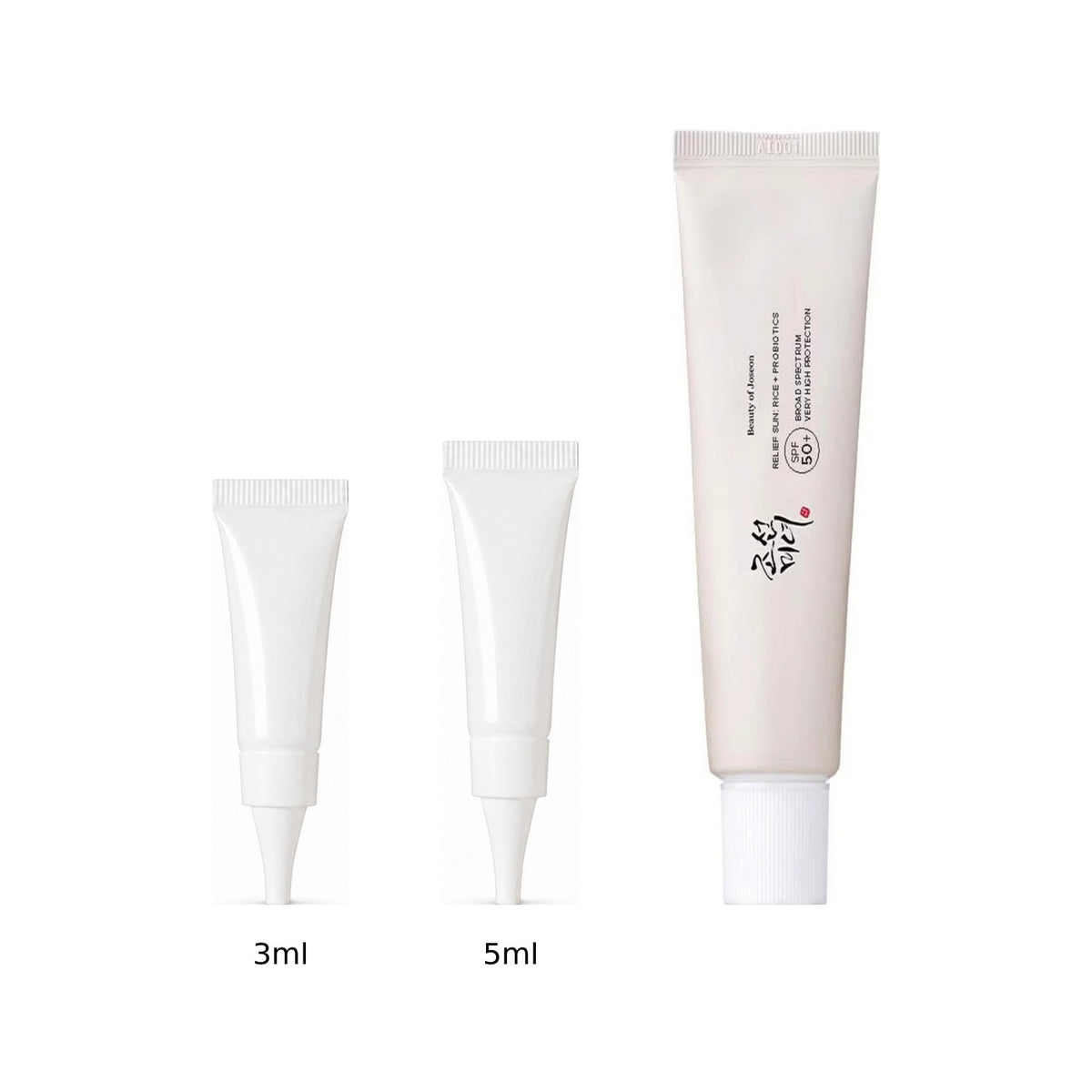 3ml and 5ml sample tubes next to the full-size Beauty of Joseon Relief Sun: Rice + Probiotics 50ml tube
