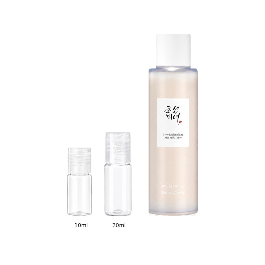 10ml and 20ml sample bottles next to the full-size Beauty of Joseon Glow Replenishing Rice Milk 150ml bottle
